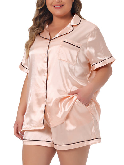 Plus Size Pajamas Sets for Women Short Sleeve Sleepwear Soft Satin Button Down Loungewear 2 Piece Shorts Set