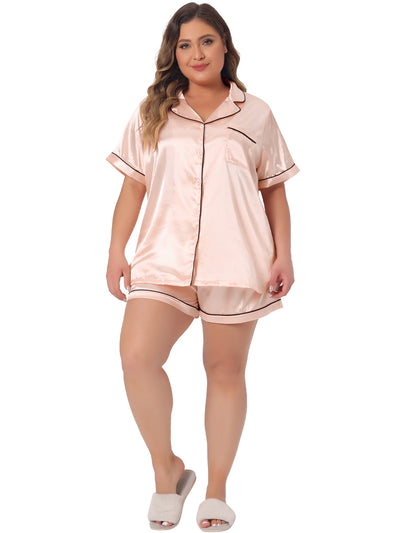 Plus Size Pajamas Sets for Women Short Sleeve Sleepwear Soft Satin Button Down Loungewear 2 Piece Shorts Set