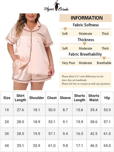 Plus Size Pajamas Sets for Women Short Sleeve Sleepwear Soft Satin Button Down Loungewear 2 Piece Shorts Set