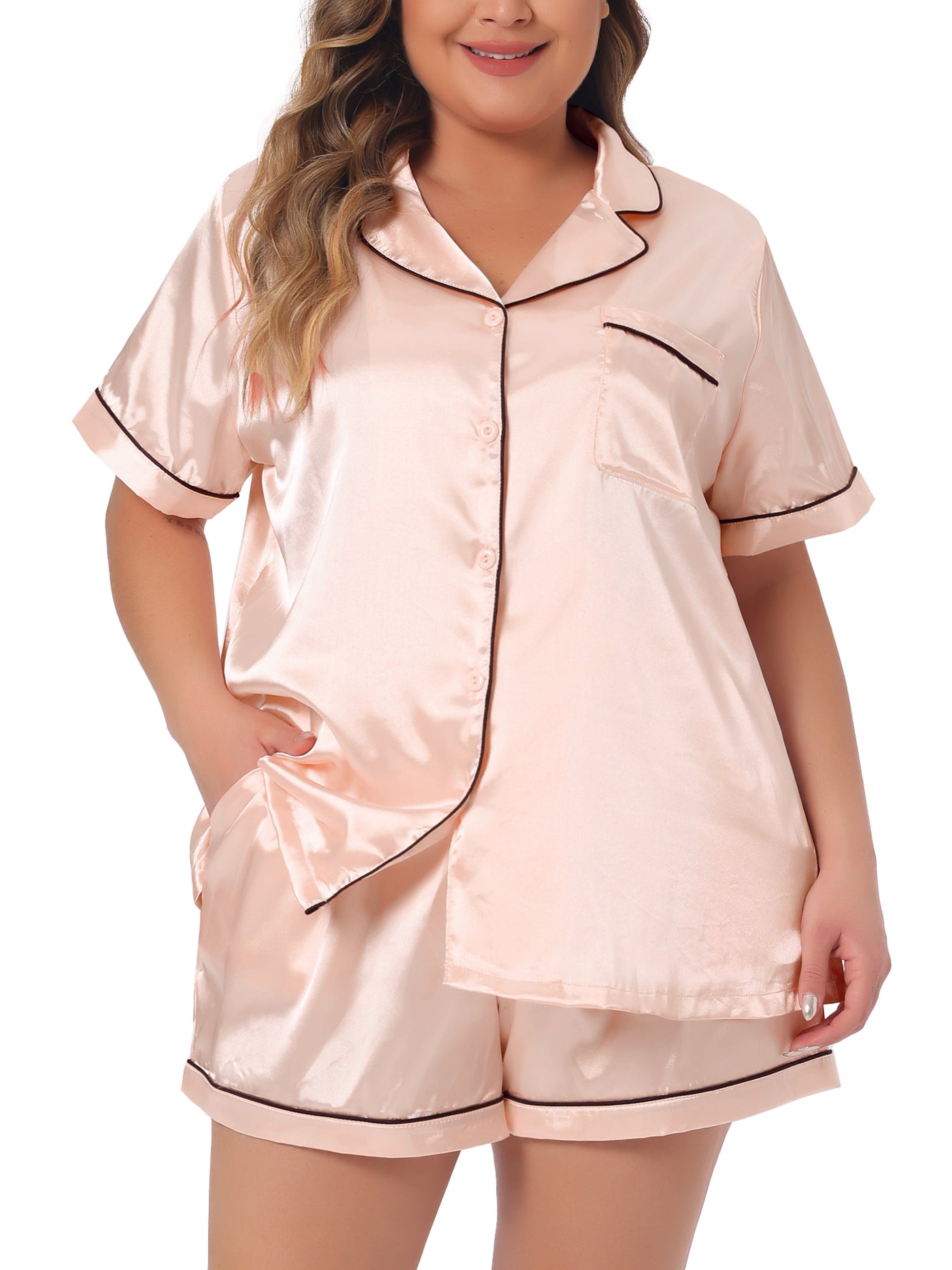 Bublédon Plus Size Pajamas Sets for Women Short Sleeve Sleepwear Soft Satin Button Down Loungewear 2 Piece Shorts Set