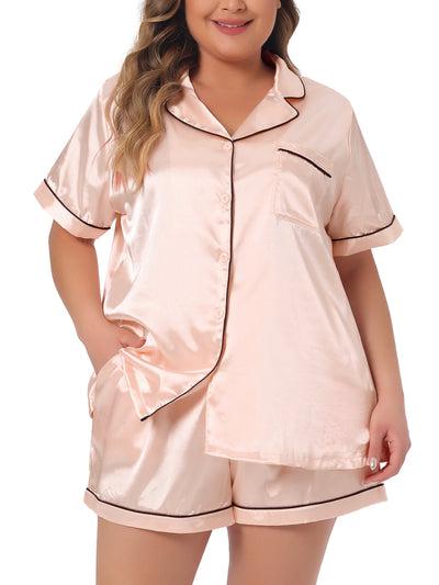 Plus Size Pajamas Sets for Women Short Sleeve Sleepwear Soft Satin Button Down Loungewear 2 Piece Shorts Set