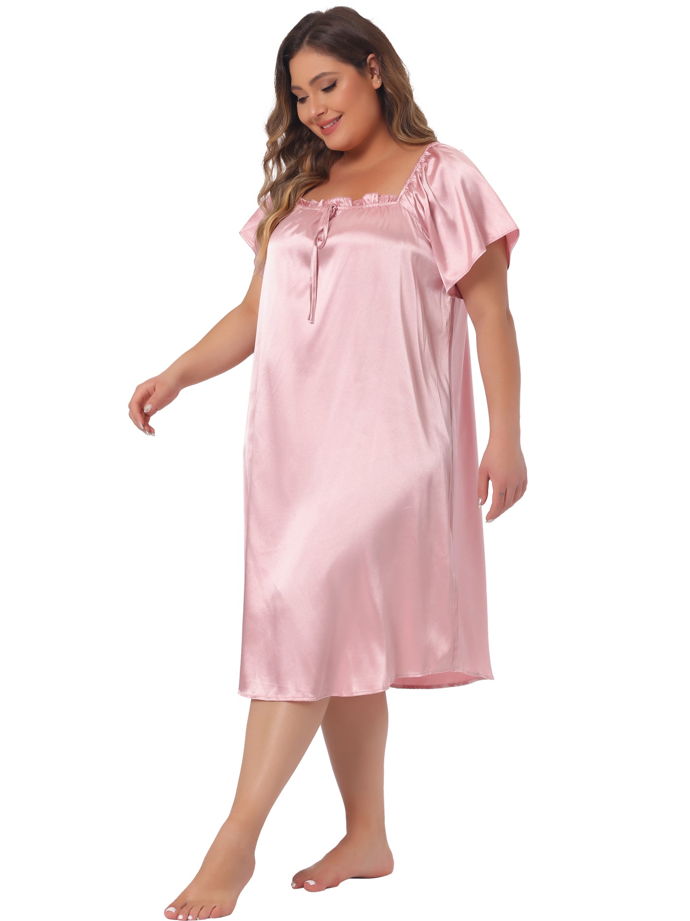 Bublédon Plus Size Satin Silk Nightgown for Women Pleated Loose Sleepwear Nightshirt Sleep Dresses