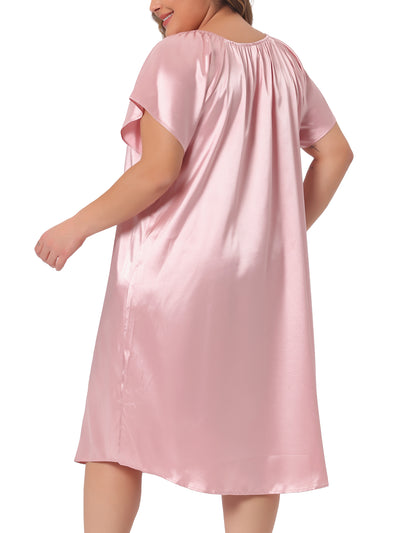 Plus Size Satin Silk Nightgown for Women Pleated Loose Sleepwear Nightshirt Sleep Dresses