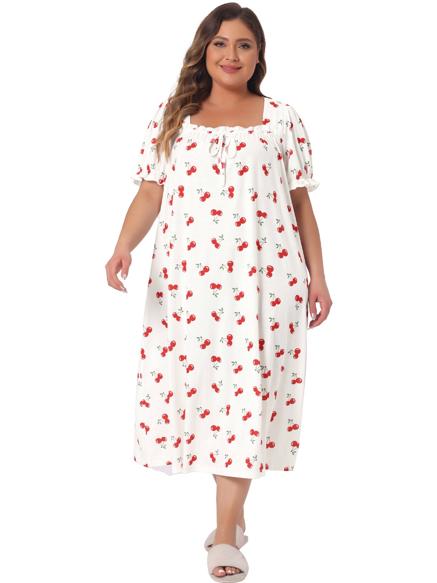 Bublédon Plus Size Nightgowns for Women Cherry Sleepshirts Ruffle Princess Comfy Nightdress Pajamas Lounger