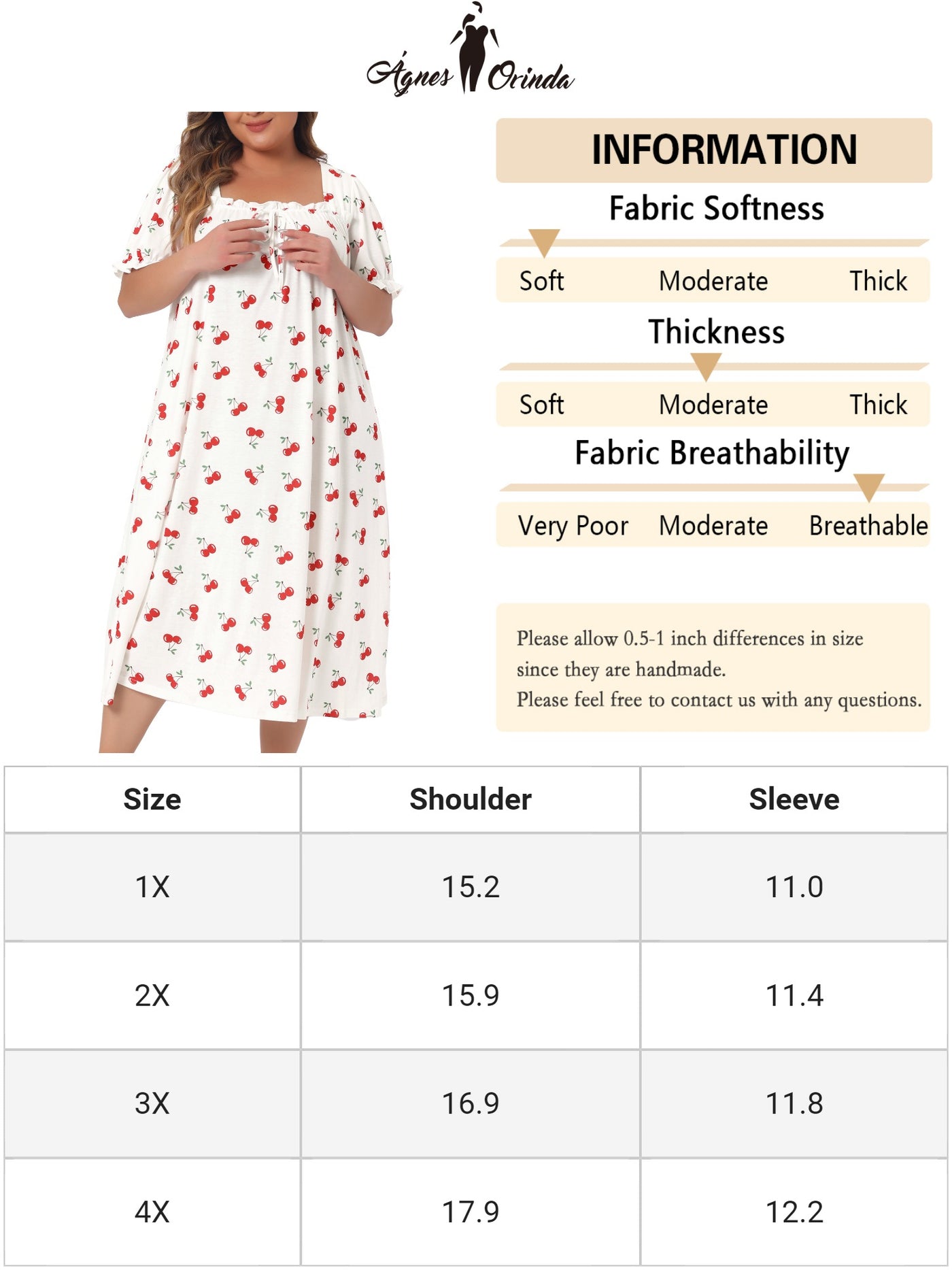 Bublédon Plus Size Nightgowns for Women Cherry Sleepshirts Ruffle Princess Comfy Nightdress Pajamas Lounger