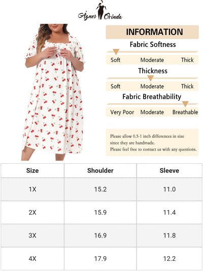 Plus Size Nightgowns for Women Cherry Sleepshirts Ruffle Princess Comfy Nightdress Pajamas Lounger