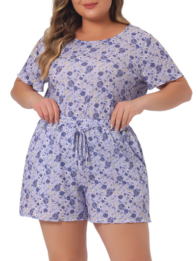 Bublédon Plus Size Pajamas Set for Women Short Sleeve Top with Shorts Floral Printed Soft Lounge Sleepwear