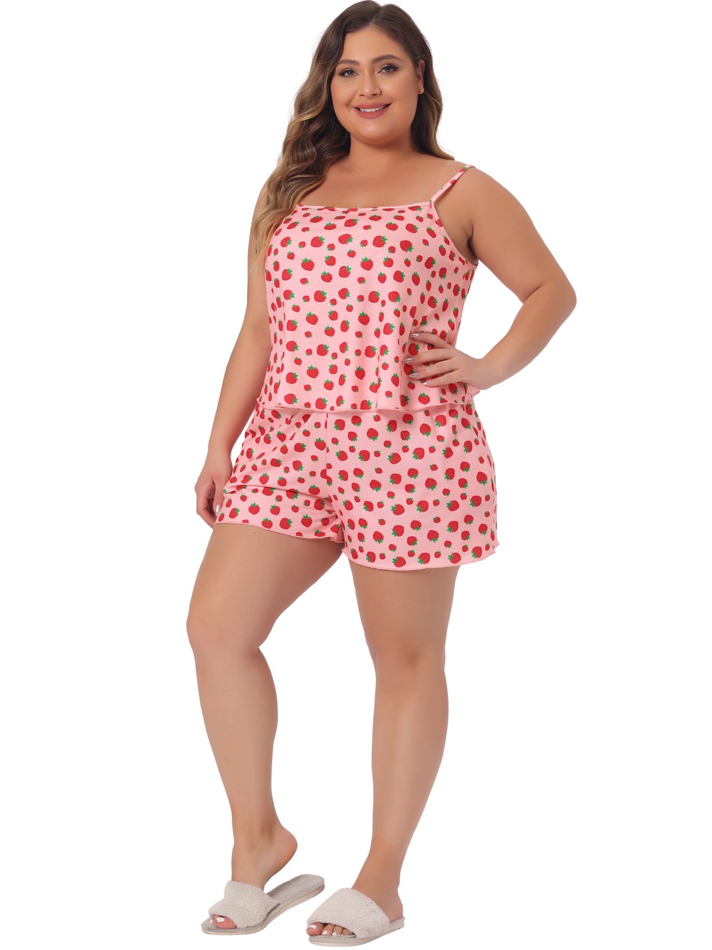 Bublédon Plus Size Pajamas for Women Strawberry Pattern Sleepwear Cami Shorts Set Cute Nightgown