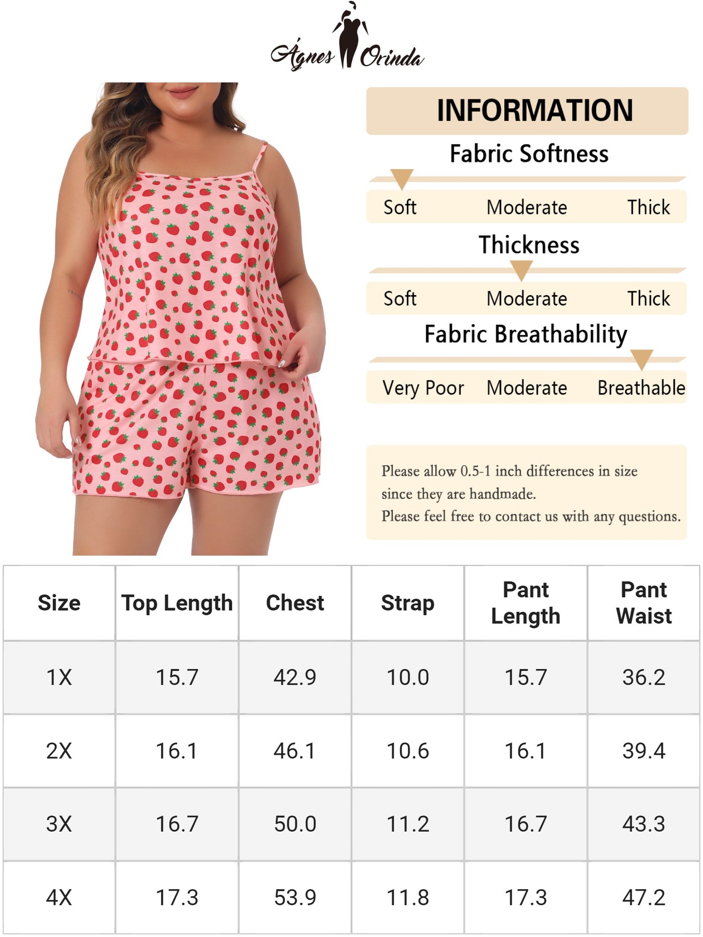 Bublédon Plus Size Pajamas for Women Strawberry Pattern Sleepwear Cami Shorts Set Cute Nightgown