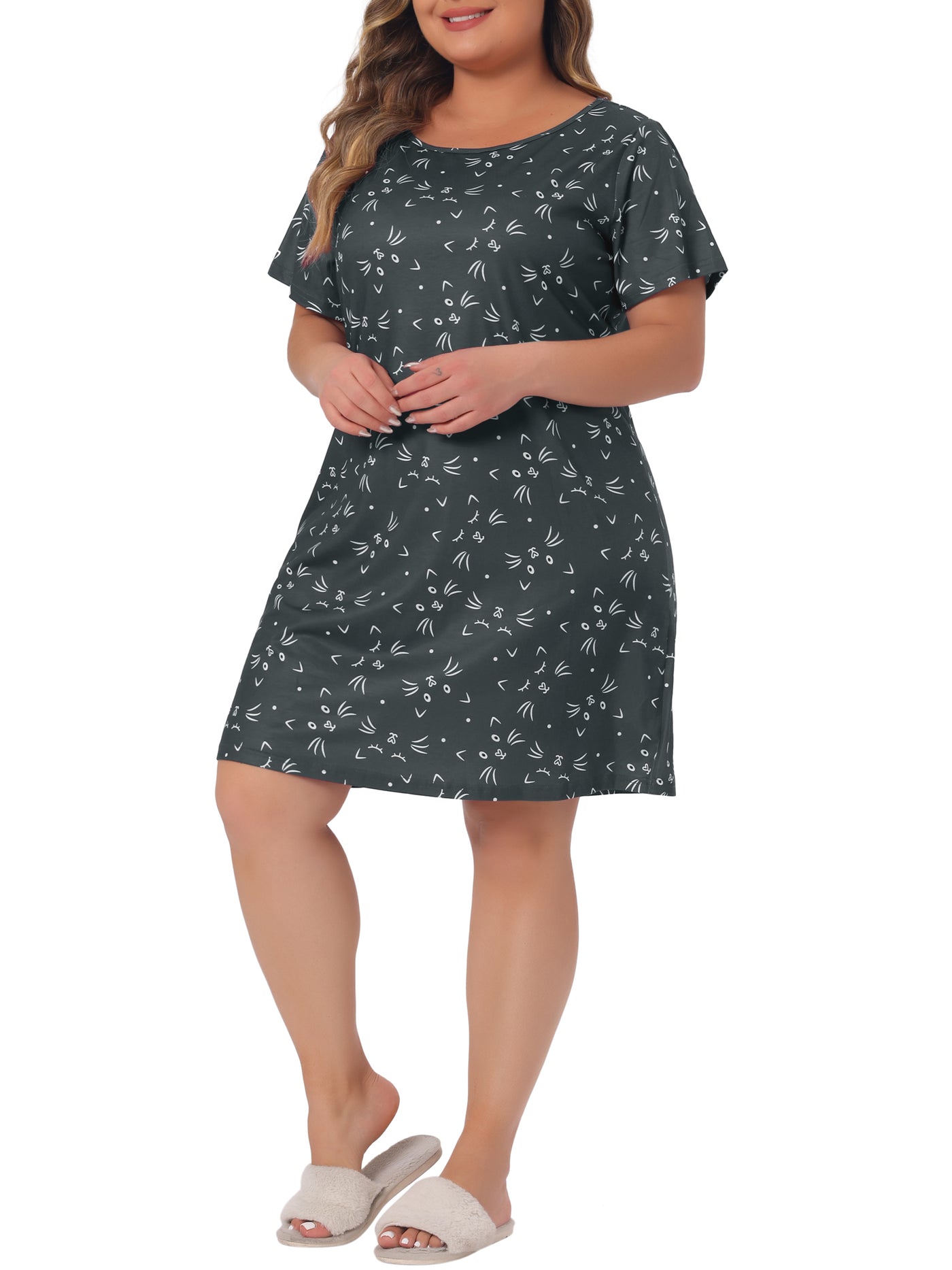 Bublédon Plus Size Nightgown for Women Pajama Round Neck Cat Holiday Family Sleepdress Nightdress 2023