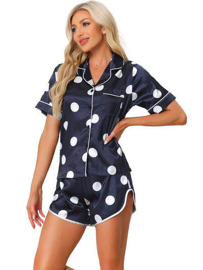 Women's Satin 2pcs Lounge Sleepwear T-Shirt and Shorts Polka Dots Pajama Sets