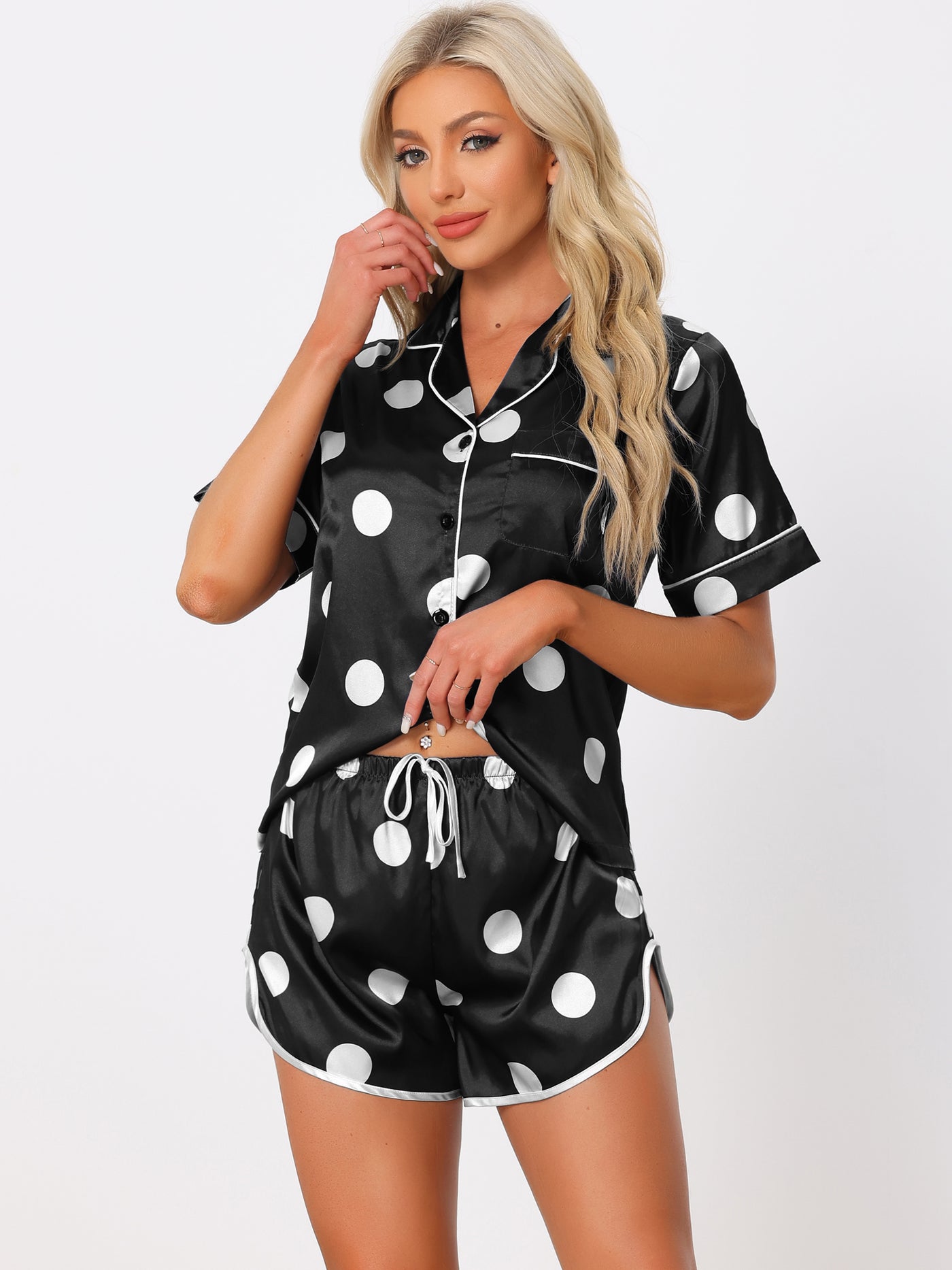 Bublédon Women's Satin 2pcs Lounge Sleepwear T-Shirt and Shorts Polka Dots Pajama Sets