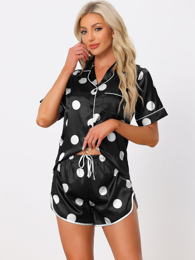 Women's Satin 2pcs Lounge Sleepwear T-Shirt and Shorts Polka Dots Pajama Sets