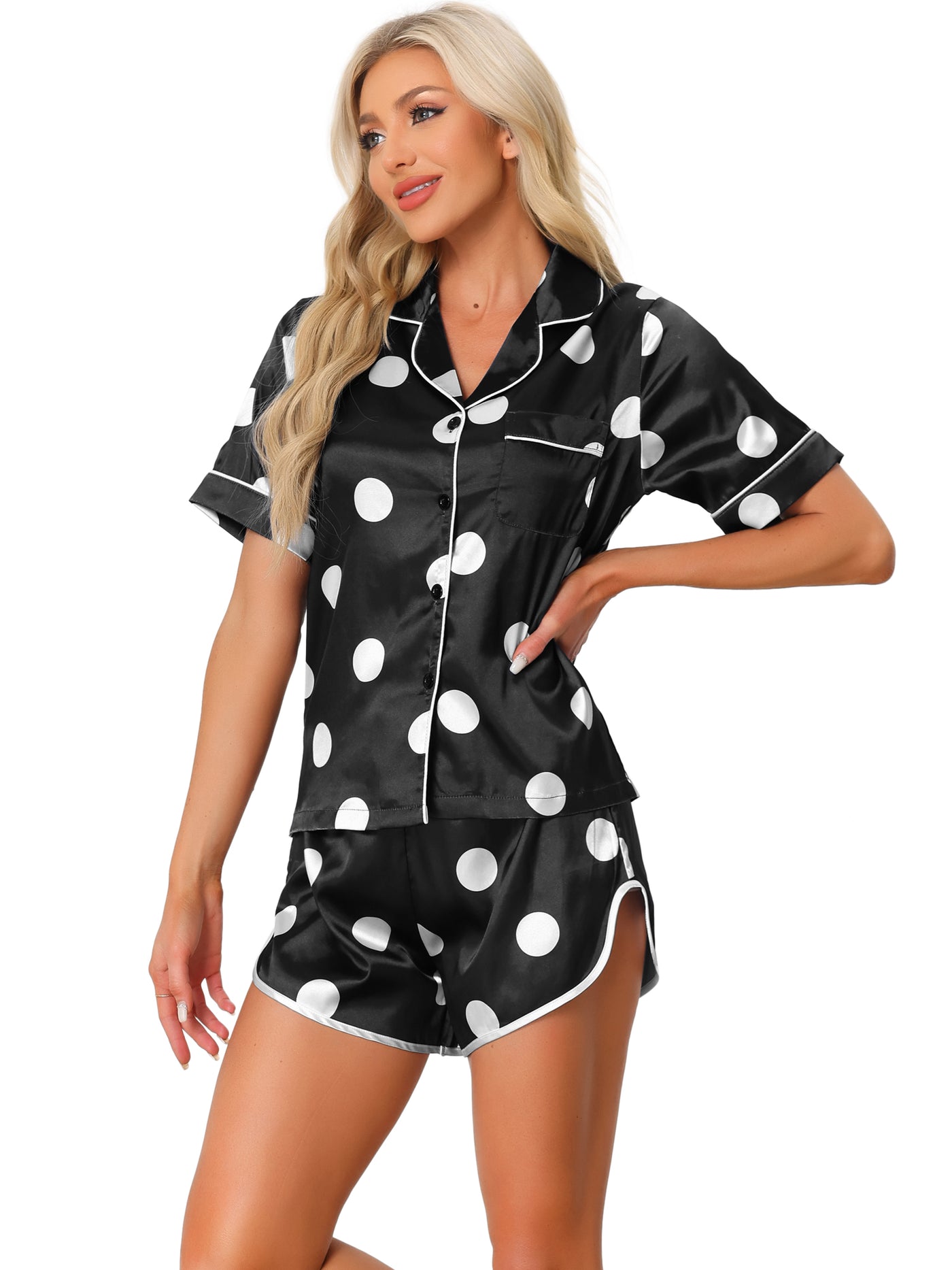 Bublédon Women's Satin 2pcs Lounge Sleepwear T-Shirt and Shorts Polka Dots Pajama Sets