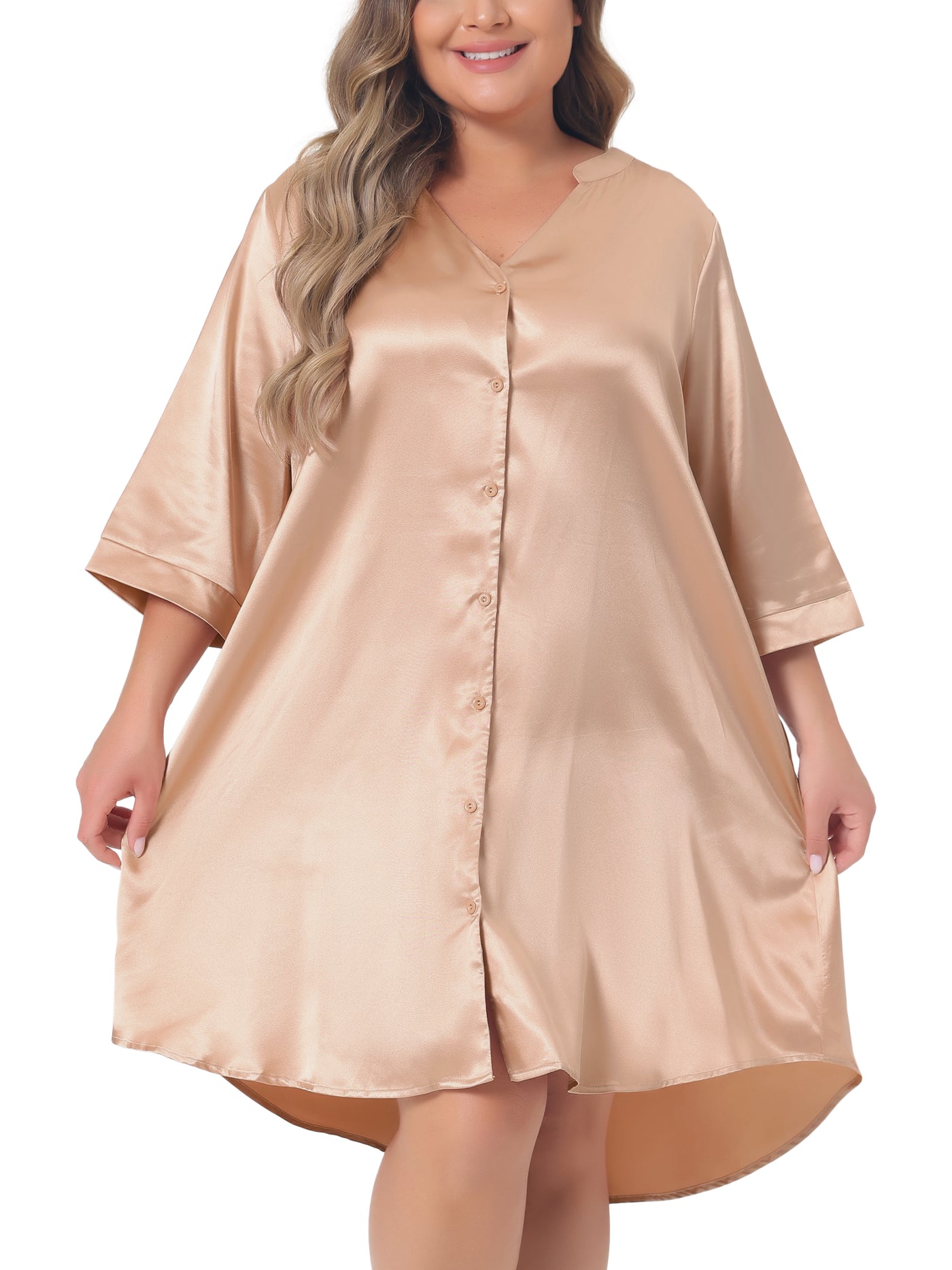 Bublédon Plus Size Nightshirt for Women Satin Button Down 3/4 Sleeve with Pockets Nightgown