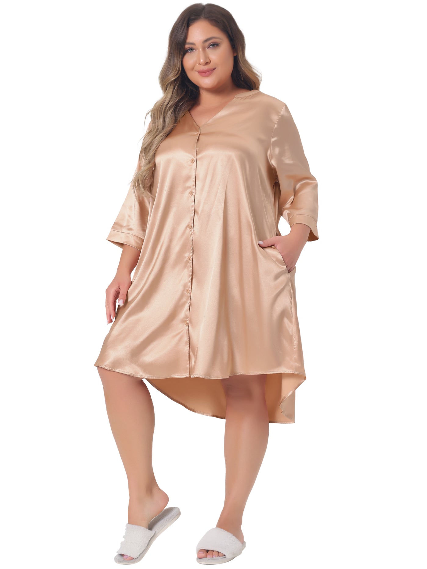 Bublédon Plus Size Nightshirt for Women Satin Button Down 3/4 Sleeve with Pockets Nightgown