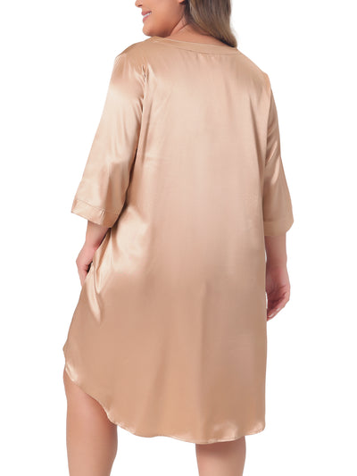 Plus Size Nightshirt for Women Satin Button Down 3/4 Sleeve with Pockets Nightgown