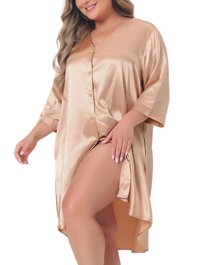 Plus Size Nightshirt for Women Satin Button Down 3/4 Sleeve with Pockets Nightgown