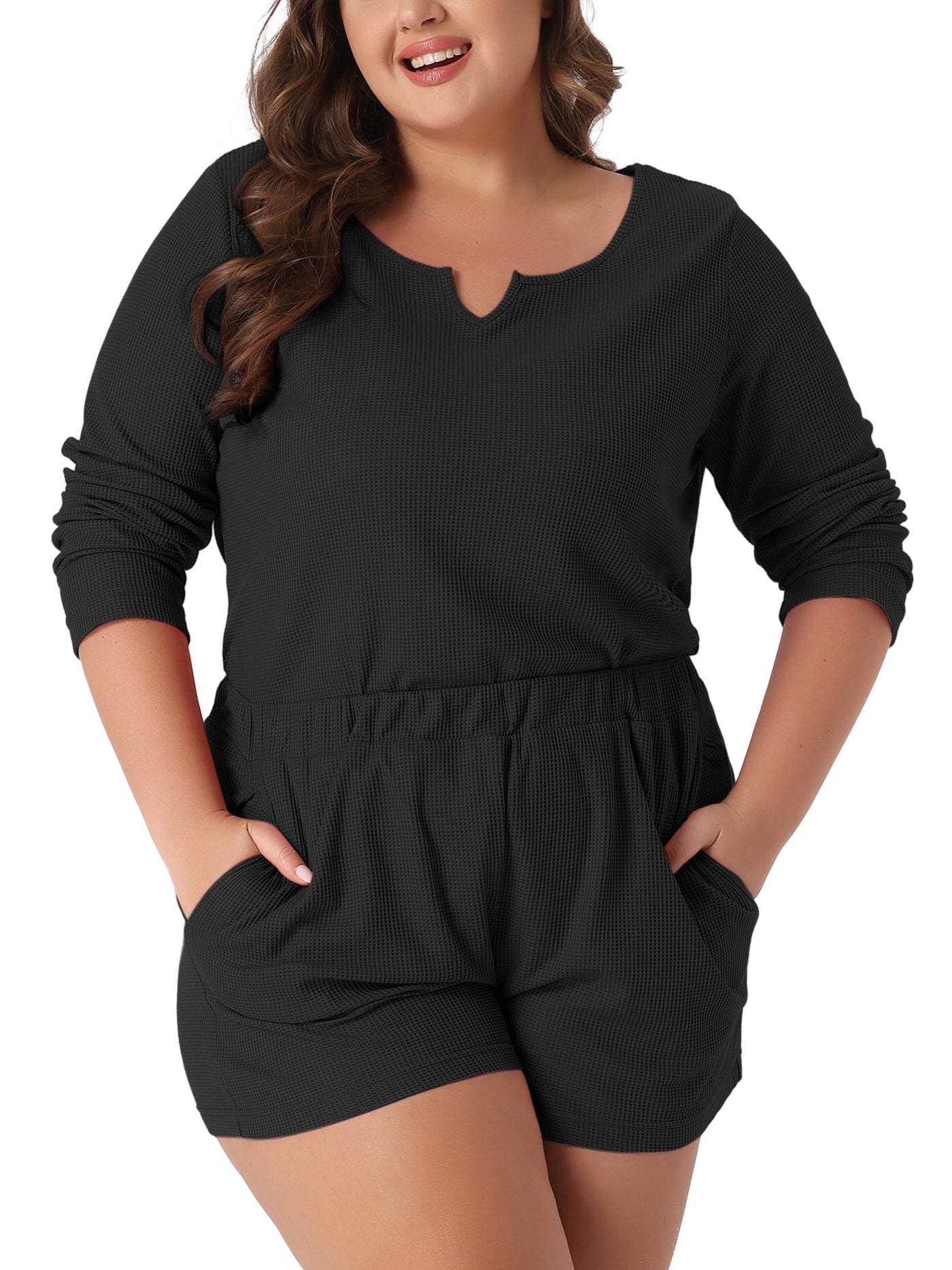 Bublédon Plus Size Loungewear for Women Waffle 2 Piece Long Sleeved Tops and Shorts Pajama Sweatsuits Sets