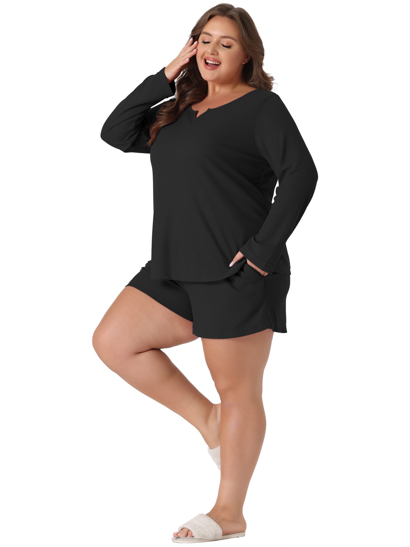 Bublédon Plus Size Loungewear for Women Waffle 2 Piece Long Sleeved Tops and Shorts Pajama Sweatsuits Sets