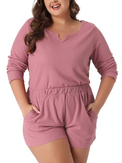 Plus Size Loungewear for Women Waffle 2 Piece Long Sleeved Tops and Shorts Pajama Sweatsuits Sets