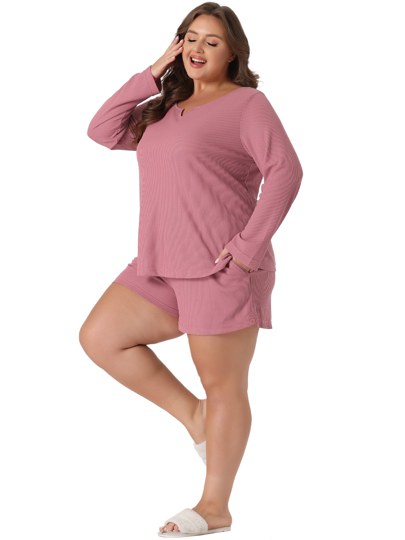 Bublédon Plus Size Loungewear for Women Waffle 2 Piece Long Sleeved Tops and Shorts Pajama Sweatsuits Sets