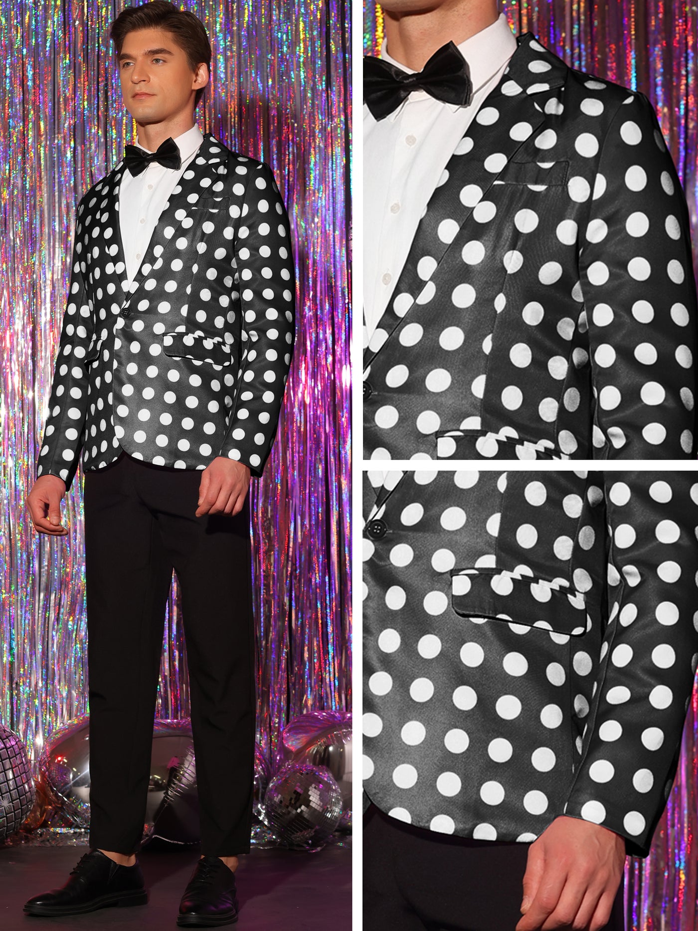 Bublédon Polka Dots Blazers for Men's Notch Lapel One Button Wedding Suit Jacket Sports Coats