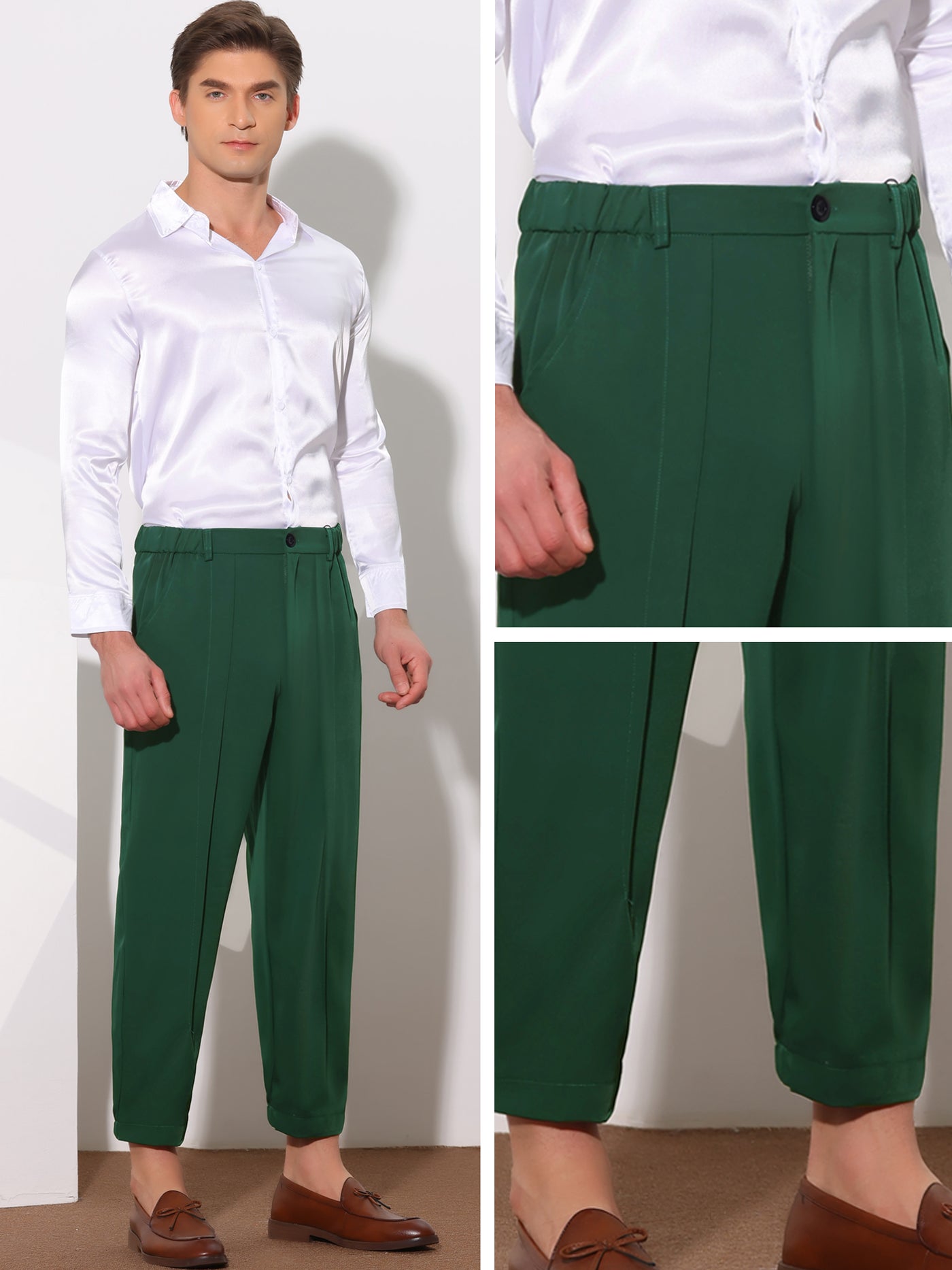 Bublédon Men's Solid Color Elastic Waist Ankle Length Tapered Cropped Dress Pants