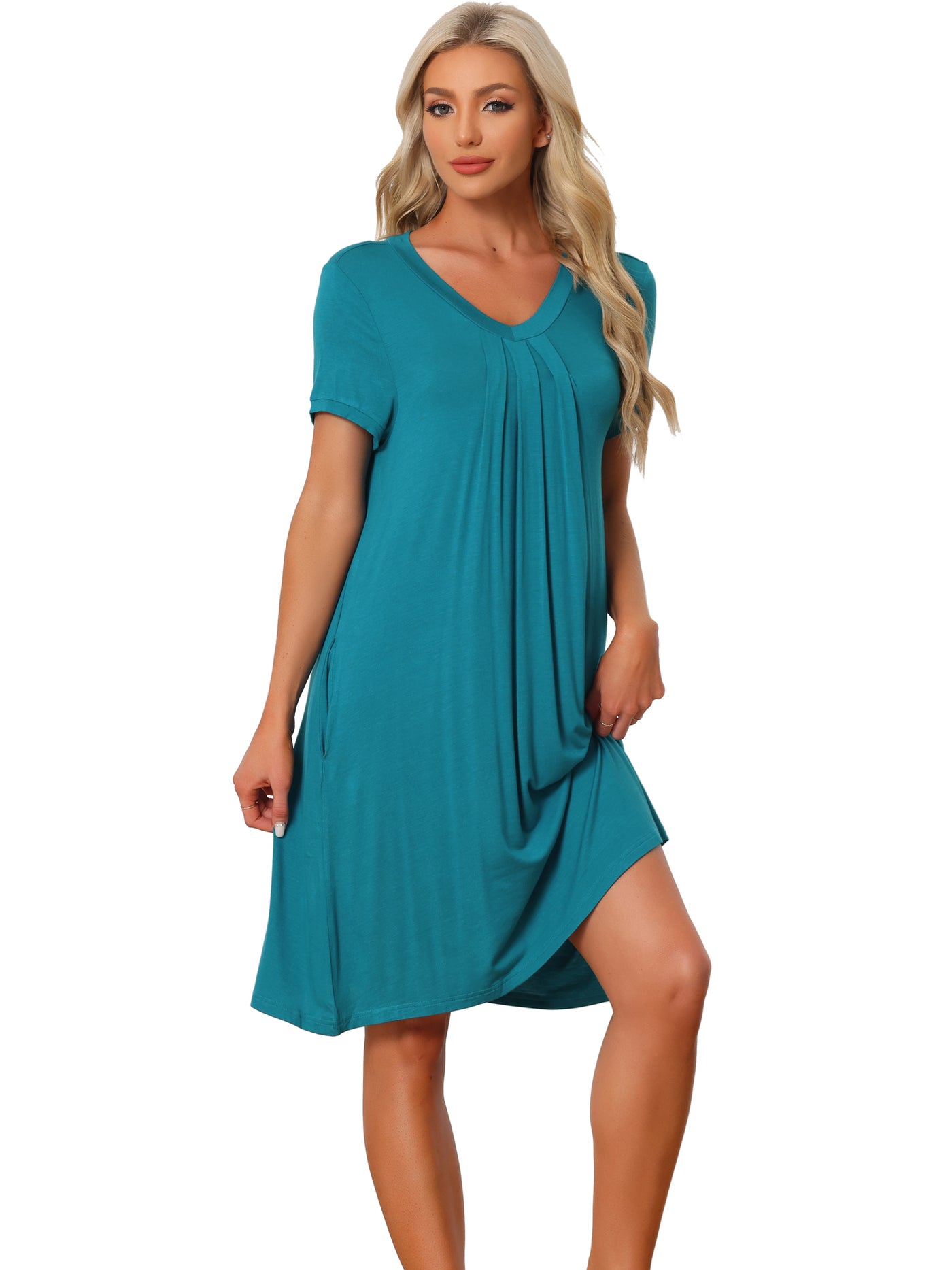 Bublédon Women's Pajama Dress Nightshirt Sleepwear V-Neck with Pockets Lounge Nightgown