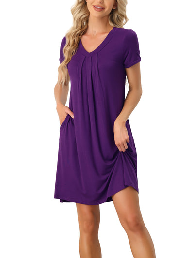 Women's Pajama Dress Nightshirt Sleepwear V-Neck with Pockets Lounge Nightgown