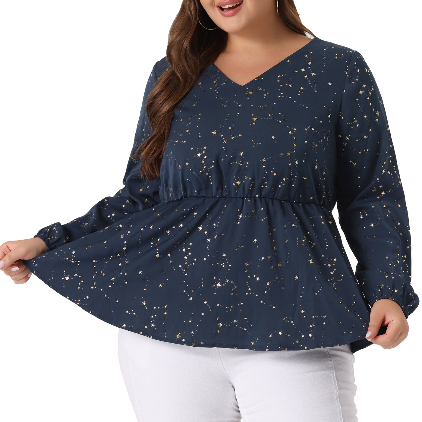 Bublédon Plus Size Blouses for Women Long Sleeve V Neck Geometric Print Ruffled Elastic Waist Tunic Tops