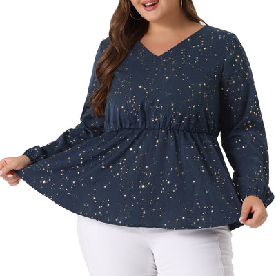 Plus Size Blouses for Women Long Sleeve V Neck Geometric Print Ruffled Elastic Waist Tunic Tops