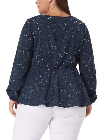 Plus Size Blouses for Women Long Sleeve V Neck Geometric Print Ruffled Elastic Waist Tunic Tops