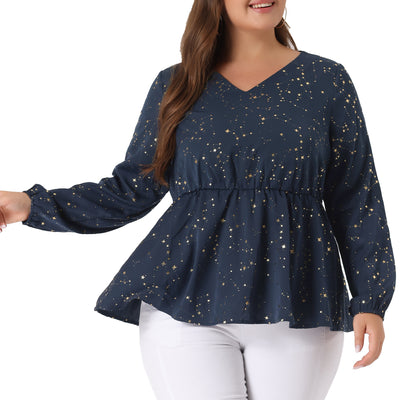 Plus Size Blouses for Women Long Sleeve V Neck Geometric Print Ruffled Elastic Waist Tunic Tops