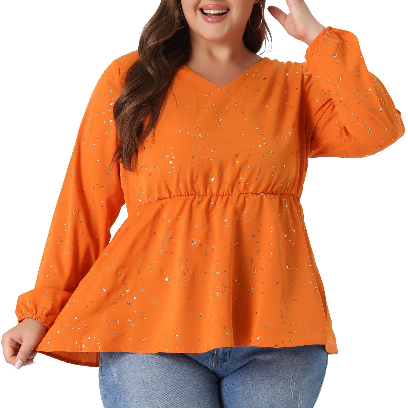 Bublédon Plus Size Blouses for Women Long Sleeve V Neck Geometric Print Ruffled Elastic Waist Tunic Tops