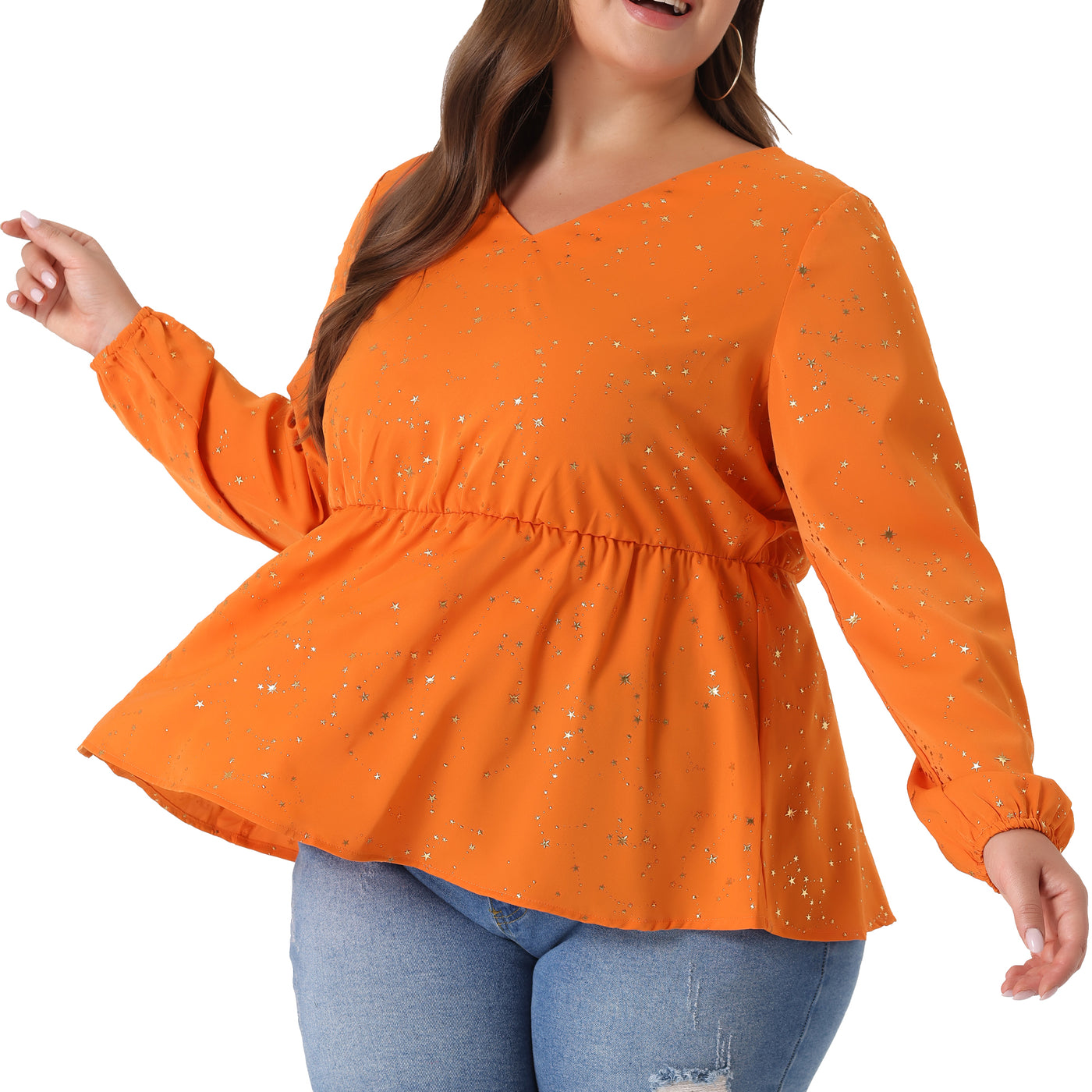 Bublédon Plus Size Blouses for Women Long Sleeve V Neck Geometric Print Ruffled Elastic Waist Tunic Tops