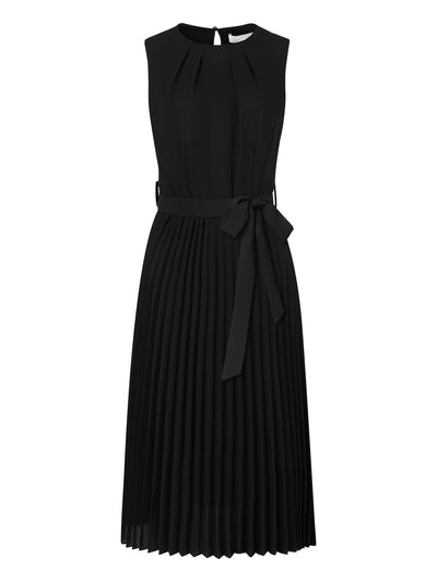 Women's Sleeveless Pleated Tie Waist Casual Office A-Line Dress