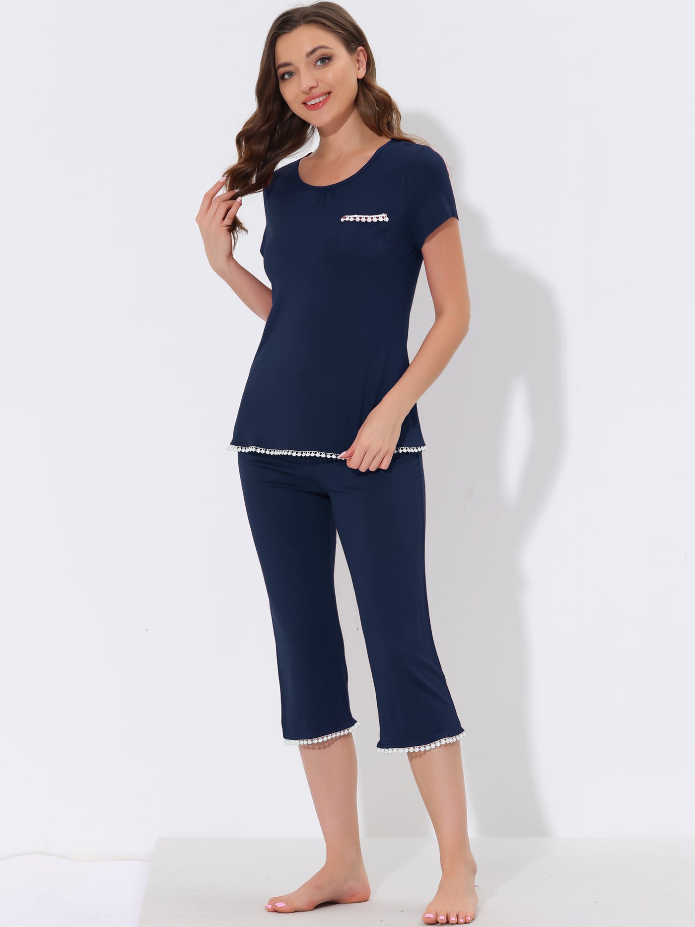 Bublédon Women's Lounge Sleepwear Pajama Round Neck Capri Nightwear Casual Sets