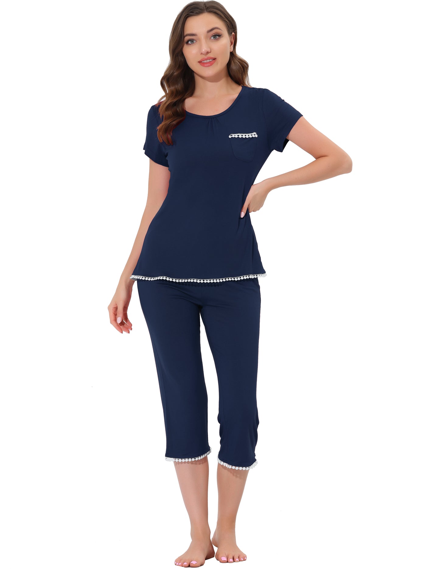 Bublédon Women's Lounge Sleepwear Pajama Round Neck Capri Nightwear Casual Sets