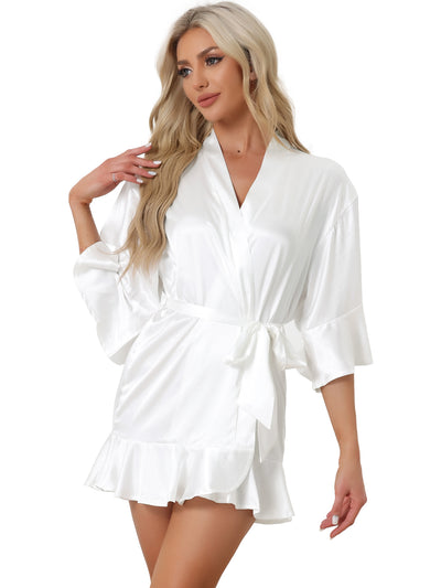 Womens Satin Pajama Silky 3/4 Sleeves Tie Waist Loungewear Robes