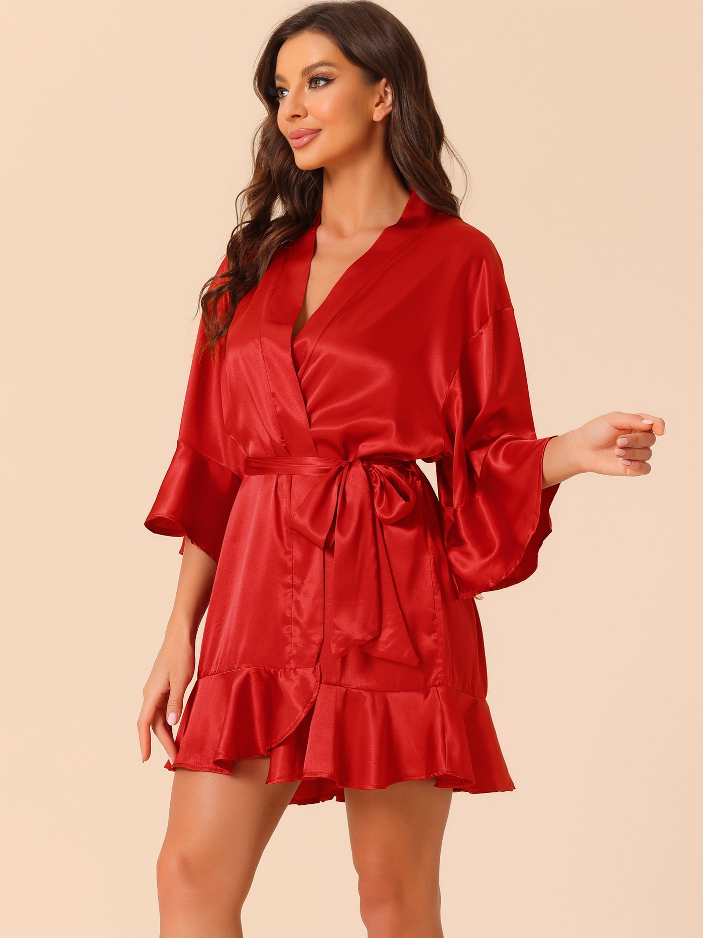 Bublédon Womens Satin Pajama Silky 3/4 Sleeves Tie Waist Loungewear Robes