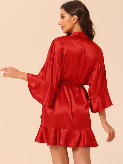 Womens Satin Pajama Silky 3/4 Sleeves Tie Waist Loungewear Robes