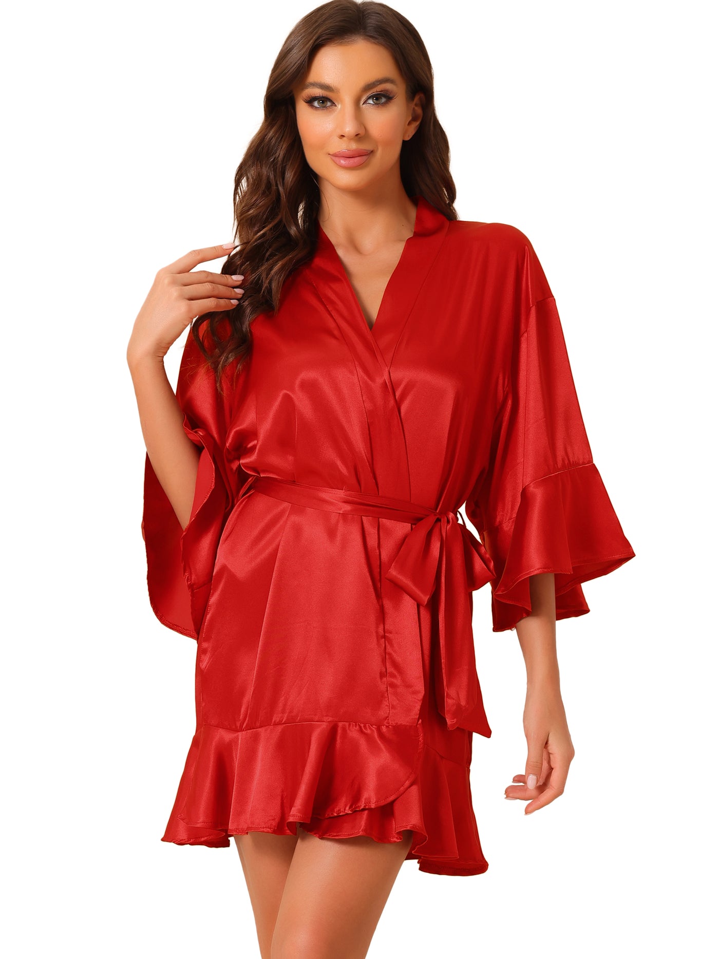 Bublédon Womens Satin Pajama Silky 3/4 Sleeves Tie Waist Loungewear Robes