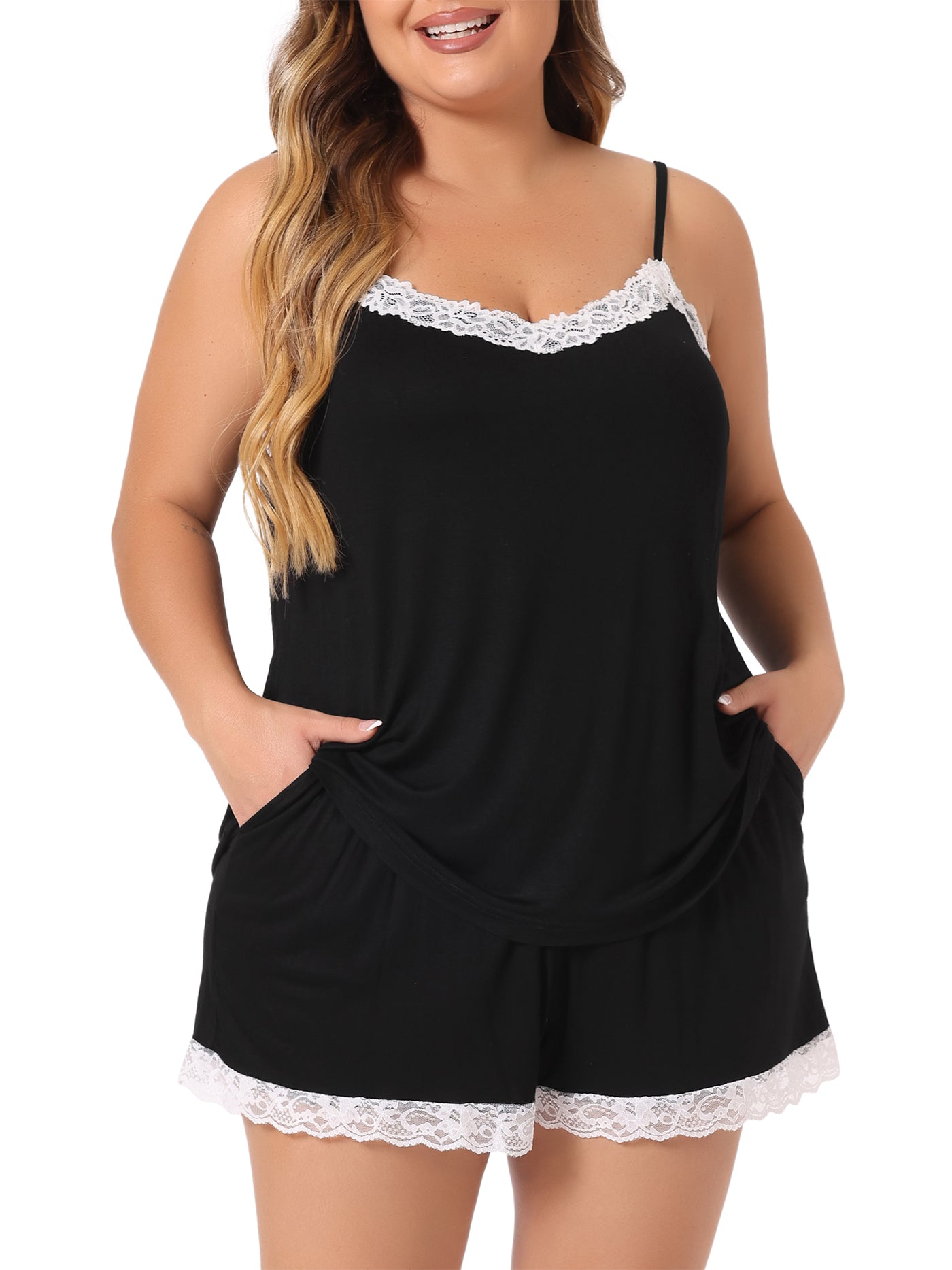 Bublédon Pajamas Set for Women Plus Size Cami Lace Panel Elastic Waist Shorts Sleepwear Loungewear