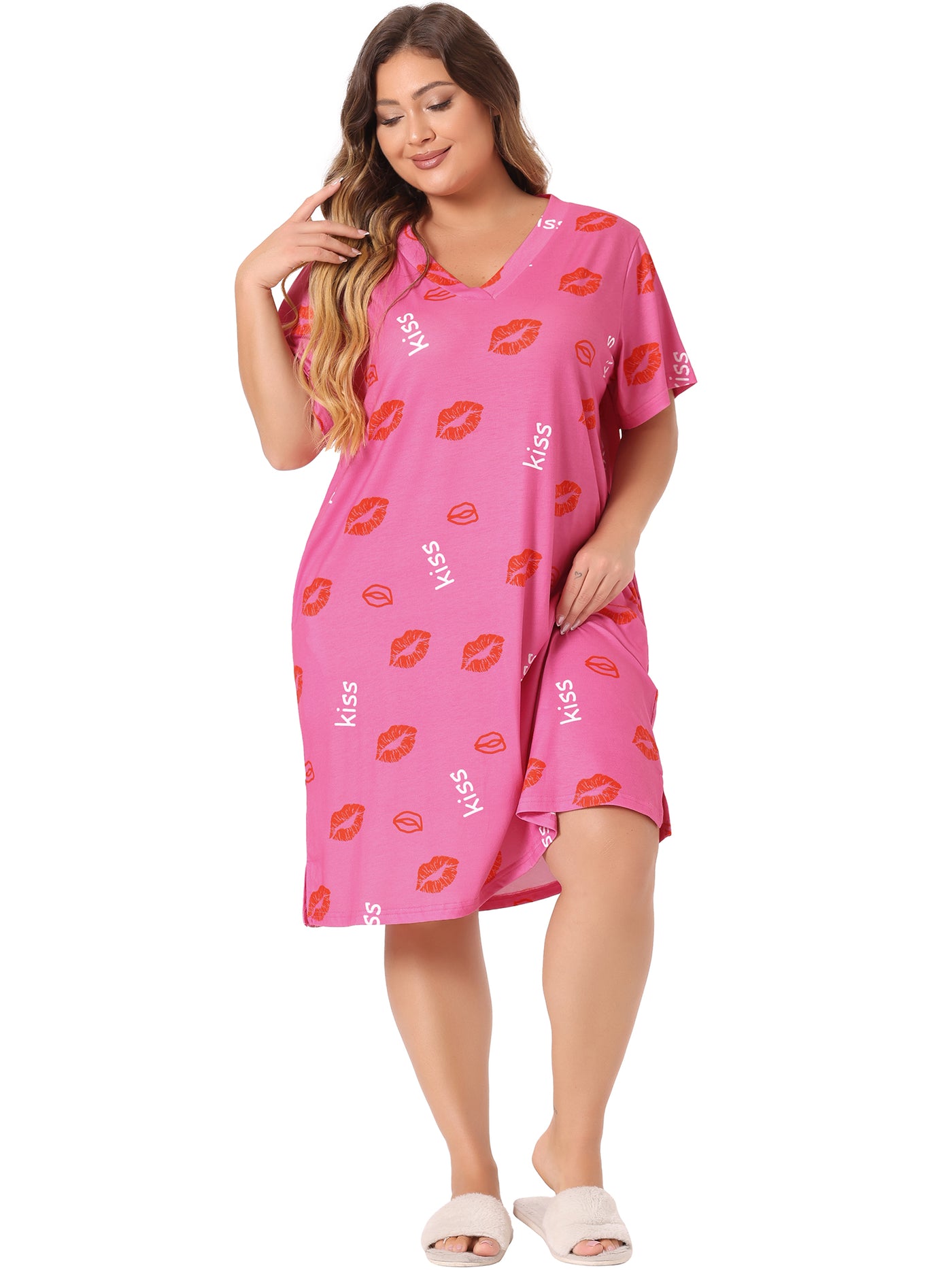 Bublédon Women's Plus Size V Neck Star Short Sleeve Sleepwear Nightdress