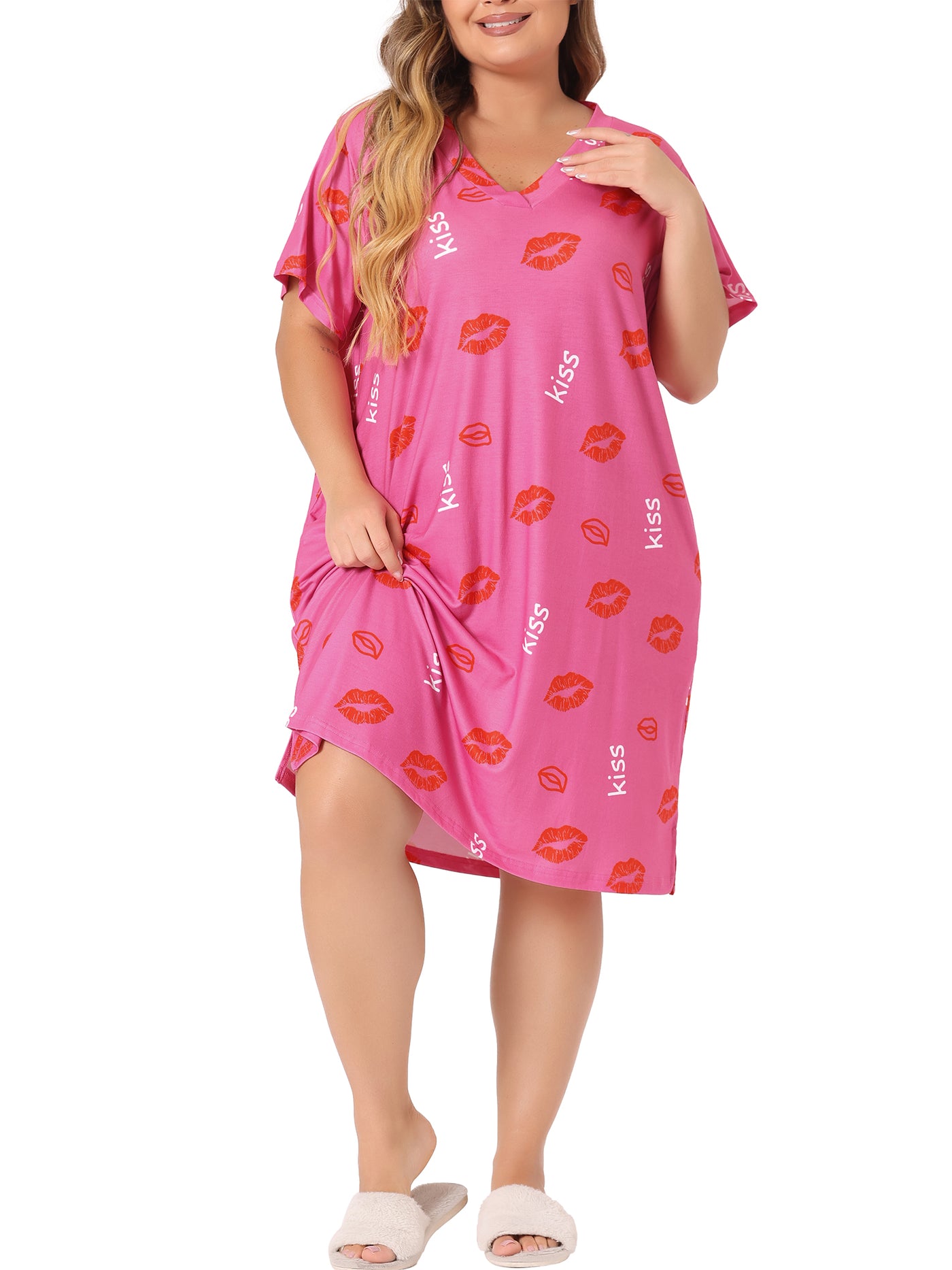 Bublédon Women's Plus Size V Neck Star Short Sleeve Sleepwear Nightdress