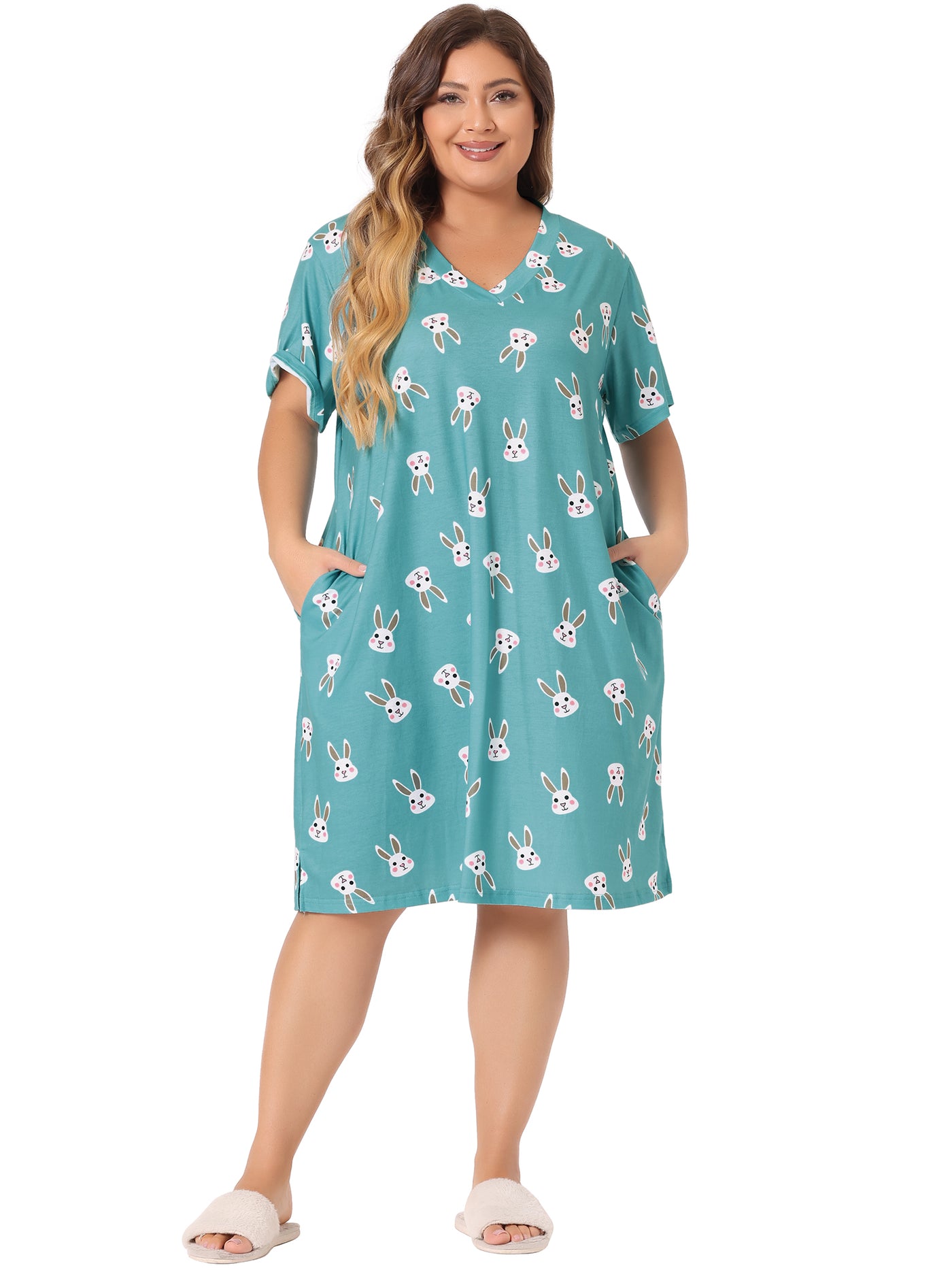 Bublédon Women's Plus Size V Neck Star Short Sleeve Sleepwear Nightdress