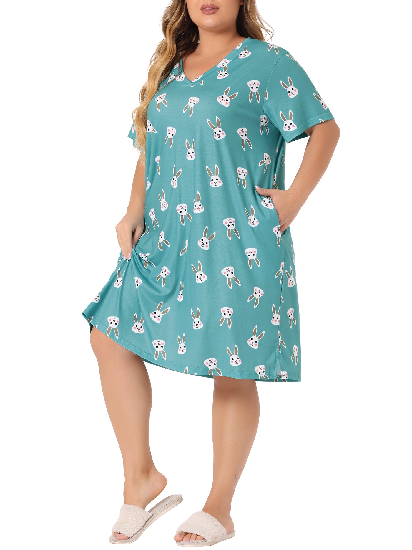 Bublédon Women's Plus Size V Neck Star Short Sleeve Sleepwear Nightdress