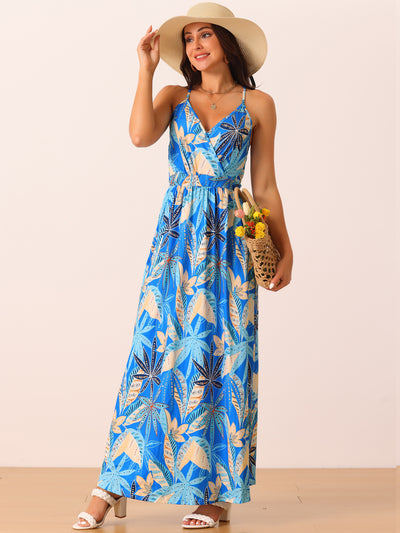 Women's Summer V Neck Boho Sleeveless Maxi Dresses Adjustable Spaghetti Strap Dress Casual Floral Sundress