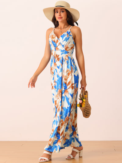 Women's Summer V Neck Boho Sleeveless Maxi Dresses Adjustable Spaghetti Strap Dress Casual Floral Sundress